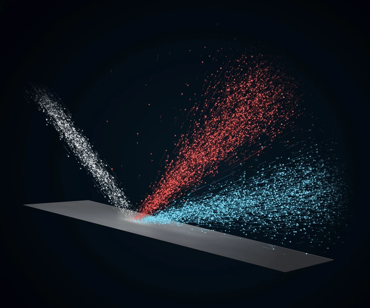 Conceptual illustration of an incident molecular stream and two reflected populations above a flat plate.