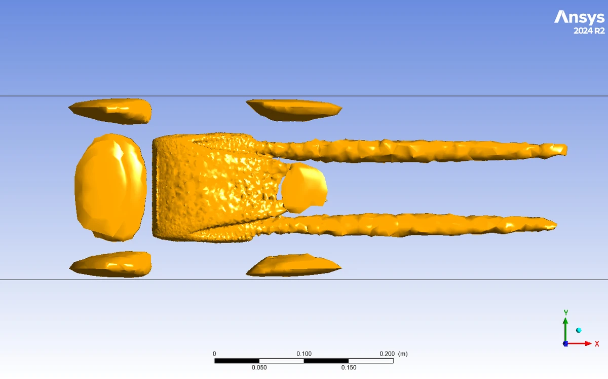 Gold-coloured Q-criterion isosurfaces showing elongated structures downstream of the wing.